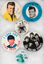 SIX SCARCE MUSIC BUTTONS: FABIAN (2), BEACH BOYS, BEATLES, ROLLING STONES, JOAN BAEZ