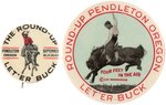 PENDLETON ROUND-UP BUTTONS: 1912 & RARITY W/COPYRIGHTED LEE MOORHOUSE PHOTO "FOUR FEET IN AIR".