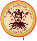 KANSAS KARNIVAL KREW BUTTON WITH JESTER ANNOUNCING OCT. 1898 FESTIVAL IN KANSAS CITY.