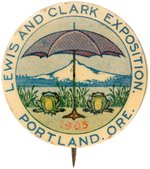 LEWIS & CLARK 1905 EXPO BUTTON WITH TWO FROGS UNDER UMBRELLA WITH A WEB FOOTED HANDLE.