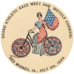 JULY 4, 1899 BUTTON WITH MISS LIBERTY RIDING TO PROMOTE RACE MEET AND BICYCLE CARNIVAL.