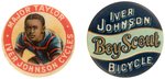 IVER JOHNSON BICYCLES BUTTON PAIR FOR MODELS NAMED FOR BLACK SUPERSTAR MAJOR TAYLOR & BOY SCOUT.