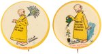 YELLOW KID SCARCE BUTTON PAIR #51 WITH FEATHER DUSTER & #52 WATERING FLOWERS.