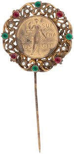 WOMEN'S "SUFFRAGE & JUSTICE" ORNATE JEWELED STICK PIN BADGE.