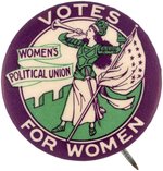 RARE "WOMEN'S POLITICAL UNION" SUFFRAGE CLARION TRUMPETER BUTTON.