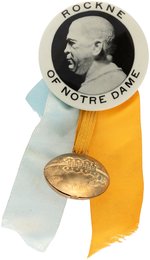 1930s KNUTE ROCKNE OF NOTRE DAME SCARCE REAL PHOTO BUTTON WITH ATTACHMENTS.