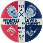 ROOSEVELT & LEWIS PROHIBITION "BRING BACK BEER" RARE 1932 JUGATE BUTTON.