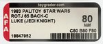 STAR WARS: RETURN OF THE JEDI - LUKE SKYWALKER (JEDI KNIGHT) 65 BACK-C AFA 80 NM.