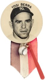 1950s YOGI BERRA (HOF) PM10 REAL PHOTO STADIUM BUTTON WITH ATTACHMENTS.