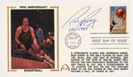 1991 RICK BARRY (HOF) SIGNED FIRST DAY COVER WITH SILK CACHE "100TH ANNIVERSARY BASKETBALL."