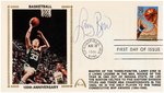 1991 LARRY BIRD (HOF) SIGNED FIRST DAY COVER WITH SILK CACHE "100TH ANNIVERSARY BASKETBALL."