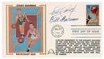 1991 BOB COUSY/BILL SHARMAN (HOF) SIGNED FIRST DAY COVER WITH SILK CACHE "BACKCOURT DUO."