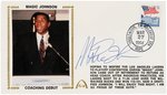 1994 EARVIN "MAGIC" JOHNSON (HOF) SIGNED FIRST DAY COVER WITH SILK CACHE "COACHING DEBUT."