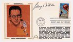 1991 GEORGE MIKAN (HOF) SIGNED FIRST DAY COVER WITH SILK CACHE "100TH ANNIVERSARY BASKETBALL."