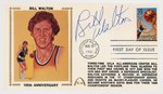 1991 BILL WALTON (HOF) SIGNED FIRST DAY COVER WITH SILK CACHE "100TH ANNIVERSARY BASKETBALL."