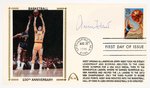 1991 JERRY WEST (HOF) SIGNED FIRST DAY COVER WITH SILK CACHE "100TH ANNIVERSARY BASKETBALL."