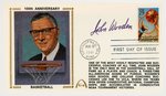 1991 JOHN WOODEN (HOF) SIGNED FIRST DAY COVER WITH SILK CACHE "100TH ANNIVERSARY BASKETBALL."