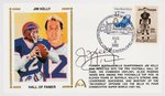 2002 JIM KELLY (HOF) SIGNED FIRST DAY COVER WITH SILK CACHE "HALL OF FAMER."