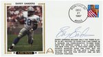 1997 BARRY SANDERS (HOF) SIGNED FIRST DAY COVER WITH SILK CACHE "2,000 YARDS."