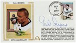 2003 GALE SAYERS (HOF) SIGNED FIRST DAY COVER WITH SILK CACHE "40TH ANNIVERSARY."