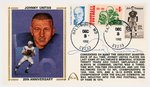 1992 JOHNNY UNITAS (HOF) SIGNED FIRST DAY COVER WITH SILK CACHE "20TH ANNIVERSARY."