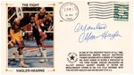 1985 "MARVELOUS" MARVIN HAGLER SIGNED FIRST DAY COVER WITH SILK CACHE "HAGLER-HEARNS."