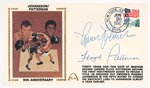 1990 INGEMAR JOHANSSON/FLOYD PATTERSON DOUBLE SIGNED FIRST DAY COVER WITH SILK CACHE "JOHANSSON/PATTERSON 30TH ANNIVERSARY."