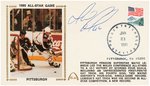 1990 MARIO LEMIEUX (HOF) SIGNED FIRST DAY COVER WITH SILK CACHE "ALL-STAR GAME."