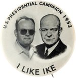 IKE & STRANGER 1952 "I LIKE IKE" NOVELTY CAMPAIGN JUGATE BUTTON.