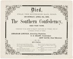 LINCOLN & GRANT SATIRICAL "SOUTHERN CONFEDERACY" DEATH CERTIFICATE.