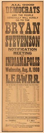 "BRYAN AND STEVENSON NOTIFICATION MEETING" INDIANAPOLIS, INDIANA RAILROAD BROADSIDE.