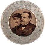 GROVER & FRANCES CLEVELAND TIN FRAMED PIN-BACK BADGE DeWITT 1888-65.