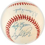 MLB 300 WIN CLUB BASEBALL SIGNED BY FIVE HOF MEMBERS.