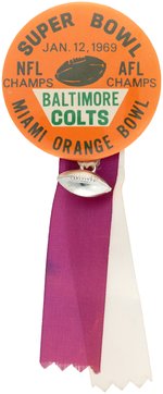 1969 SUPER BOWL III BALTIMORE COLTS SOUVENIR BUTTON W/ATTACHMENTS.