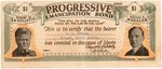 LA FOLLETTE & WHEELER "PROGRESSIVE EMANCIPATION BOND" JUGATE CONTRIBUTOR CERTIFICATE.