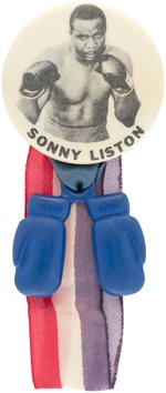 1960s SONNY LISTON BUTTON WITH BOXING GLOVES ATTACHMENT.