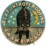 REXFLINTKOTE ROOFING NIGHT SCENE AD BUTTON WITH BLACK CAT AND CRESCENT MAN IN THE MOON.