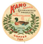 RARE LARGE ADVERTISING BUTTON FROM POTTER COLLECTION FOR "KAMO BRAND"  SPECIFYING "COFFEE AND TEA."