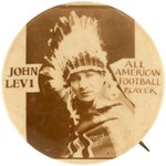 1923 ARAPAHO INDIAN IN TRIBAL DRESS AND "ALL AMERICAN FOOTBALL  PLAYER JOHN LEVI" REAL PHOTO BUTTON.