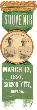 1897 CELLULOID ON "SOUVENIR" RIBBON BADGE FOR "CORBETT/FITZSIMMONS" CARSON CITY FIGHT & MUCHINSKY UNLISTED.