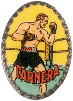 C. 1933-34 CELLULOID IN TIN FRAME BADGE SHOWING PRIMO "CARNERA" HEAVYWEIGHT CHAMPION.