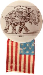 1911 PHILADELPHIA ATHLETICS WORLD CHAMPIONS TEAM REAL PHOTO BUTTON WITH AMERICAN FLAG RIBBON AND FEATURING FIVE HOF'ERS.