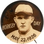 1926 ROGERS HORNSBY (HOF) DAY RARE REAL PHOTO BUTTON.