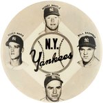 C. 1961 NEW YORK YANKEES WORLD CHAMPIONS RARE LARGE BUTTON WITH HOF'ERS MANTLE & BERRA PLUS MARIS & SKOWRON.