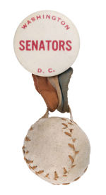 WASHINGTON SENATORS BUTTON WITH BALL CIRCA 1920s.