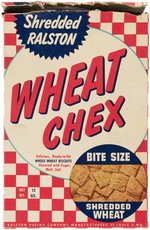 "RALSTON SHREDDED WHEAT CHEX" RARE CEREAL BOX WITH "SPACE PATROL COSMIC SMOKE GUN" PREMIUM.