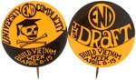 "BUILD VIETNAM WEEK" ANTI-WAR PAIR OF GRAPHIC DAY-GLO BUTTONS.