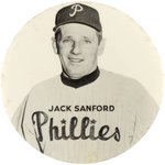 1957-58 JACK SANFORD (NL ROOKIE OF THE YEAR) RARE PM10 LARGE STADIUM BUTTON.