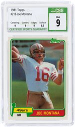 1981 #216 TOPPS JOE MONTANA (HOF) ICONIC ROOKIE CARD CSG 9 MINT.