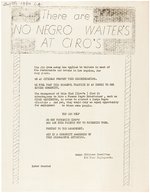 "THERE ARE NO NEGRO WAITERS AT CIRO'S" JIM CROWN ERA CIVIL RIGHTS FLYER.